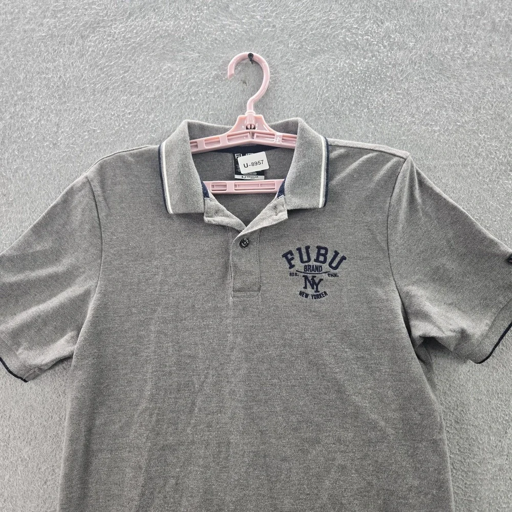 FUBU Men Polo L Gray Logo Embroidered‎ Y2K  Short Sleeve